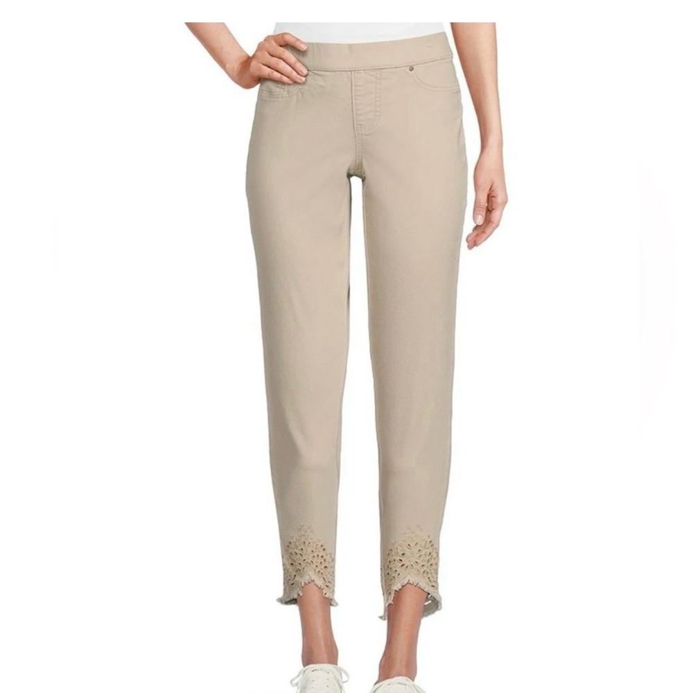 Chico's Stone Pull-On Jegging Ankle Pants with laser cutout details.